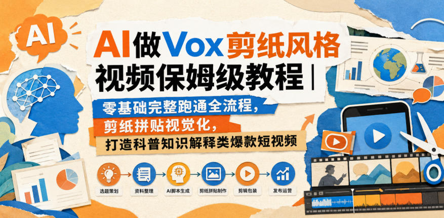 AI做Vox剪纸风格视频保姆级教程｜零基础完整跑通全流程，剪纸拼贴视觉化，打造科普知识解释类爆款短视频-极客网创
