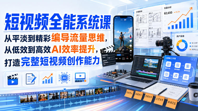 短视频全能系统课，从平淡到精彩编导流量思维，从低效到高效AI效率提升，打造完整短视频创作能力(2026年8月30更新233集)-极客网创