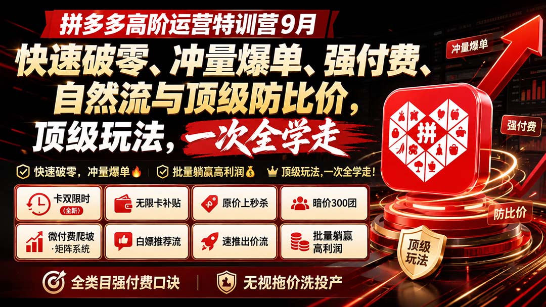 拼多多高阶运营特训营9月：快速破零、冲量爆单、强付费、自然流与顶级防比价， 顶级玩法，一次全学走-极客网创