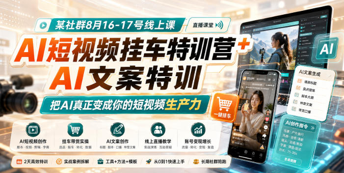 某社群8月16-17号线上课，AI短视频挂车特训营+AI文案特训，把AI真正变成你的短视频生产力-极客网创