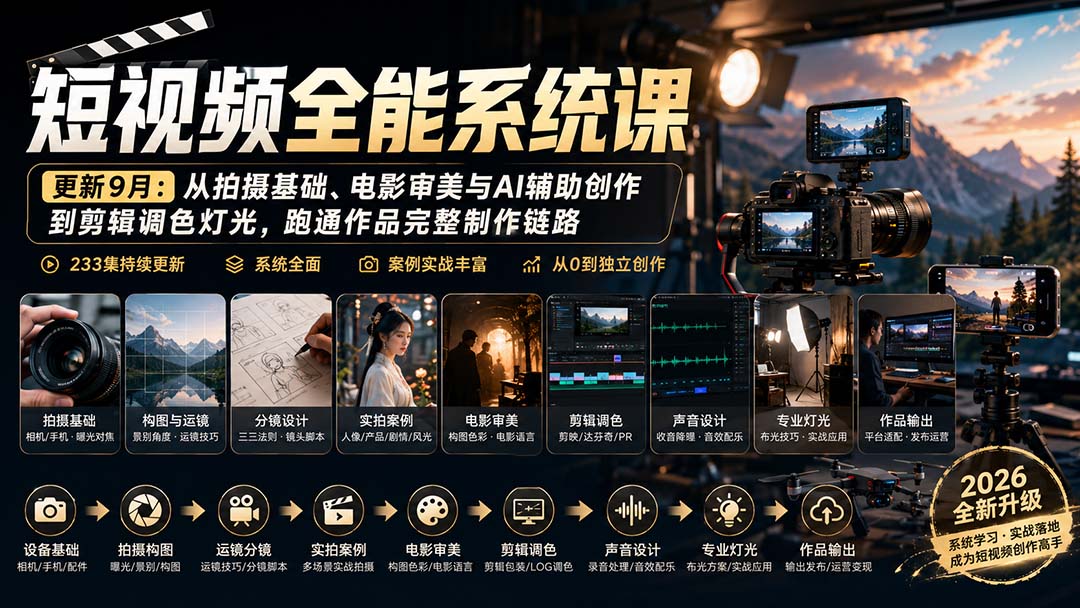 短视频全能系统课-更新8月233集：从拍摄基础、电影审美与AI辅助创作到剪辑调色灯光，跑通作品完整制作链路-极客网创