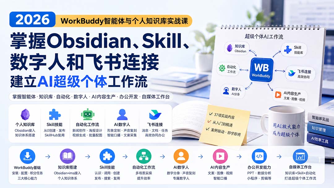 2026 WorkBuddy智能体与个人知识库实战课：掌握Obsidian、Skill、数字人和飞书连接，建立AI超级个体工作流-极客网创