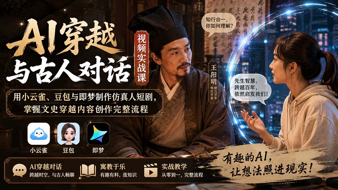 AI穿越与古人对话视频实战课：用小云雀、豆包与即梦制作仿真人短剧，掌握文史穿越内容创作完整流程-极客网创
