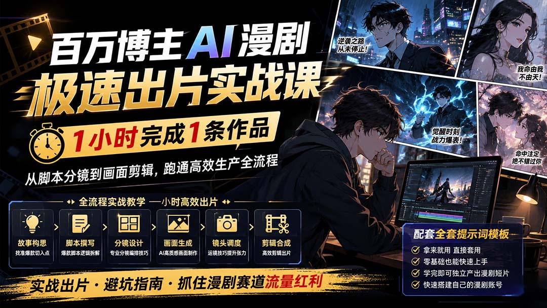 百万博主AI漫剧极速出片实战课：1小时产出条作品，从脚本分镜到画面剪辑，跑通高效生产全流程-极客网创