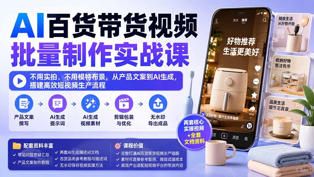 AI百货带货视频批量制作实战课：不用实拍、不用模特布景，从产品文案到AI生成，搭建高效短视频生产流程-极客网创