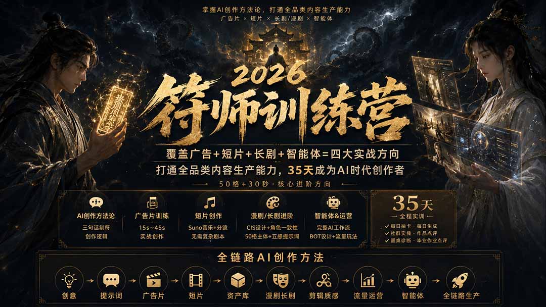 符师训练营-35天成为AI时代创作者，广告+短片+漫剧+智能体四大实战方向，掌握从创意到上线的完整工作流-极客网创