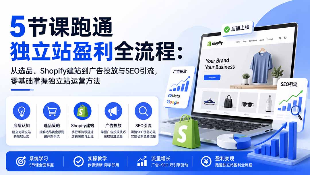 5节课跑通独立站盈利全流程：从选品、Shopify建站到广告投放与SEO引流，零基础掌握独立站运营方法-极客网创