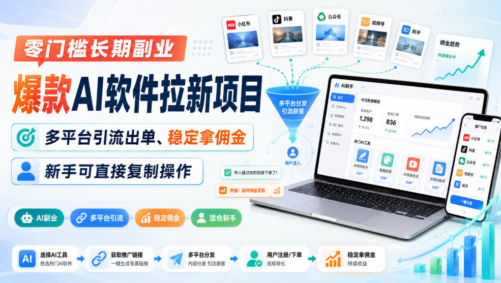 零门槛长期副业,爆款AI软件拉新项目,多平台引流出单、稳定拿佣金,新手可直接复制操作-极客网创