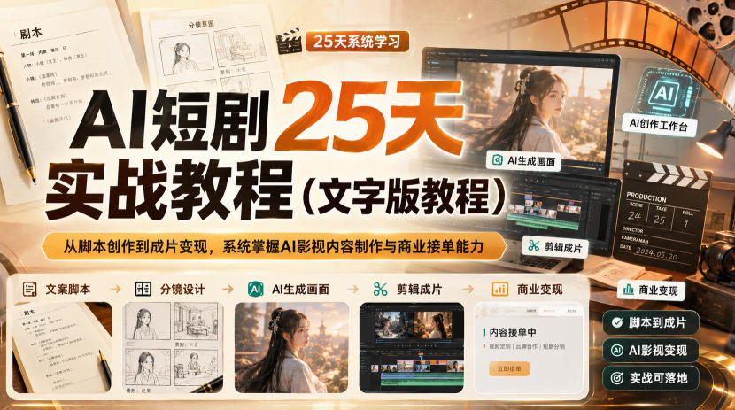 AI短剧25天实战教程(文字版教程)，从脚本创作到成片变现，系统掌握AI影视内容制作与商业接单能力-极客网创