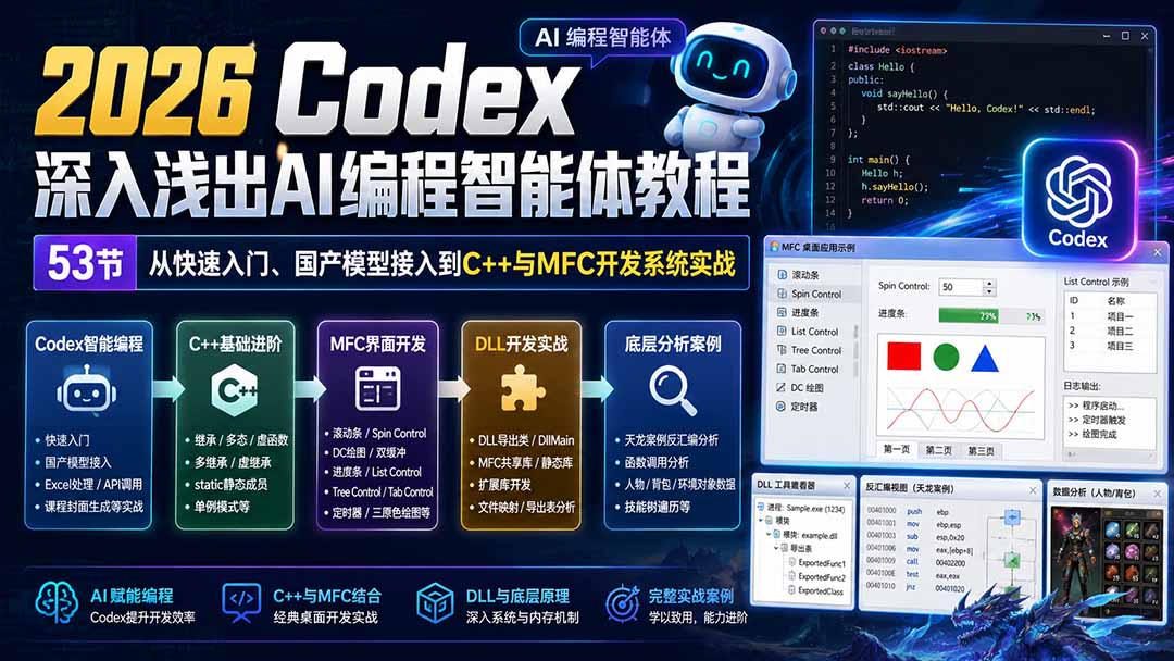 2026 Codex深入浅出AI编程智能体教程：53节从快速入门、国产模型接入到C++与MFC开发系统实战-极客网创