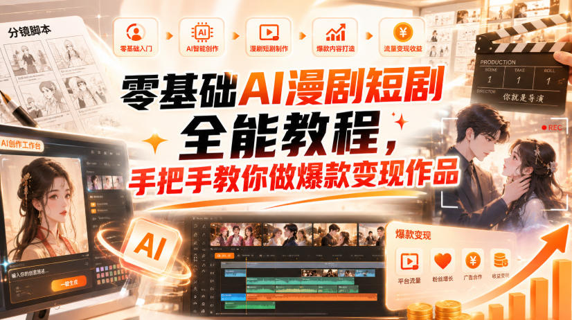 零基础AI漫剧短剧全能教程，从AI智能体搭建、文案脚本分镜、多平台AI生视频、剪映精修，覆盖全题材创作，手把手教你做爆款变现作品-极客网创
