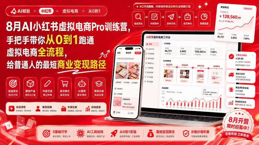 8月AI小红书虚拟电商Pro训练营，手把手带你从0到1跑通虚拟电商全流程，给普通人的最短商业变现路径(更新0903)-极客网创