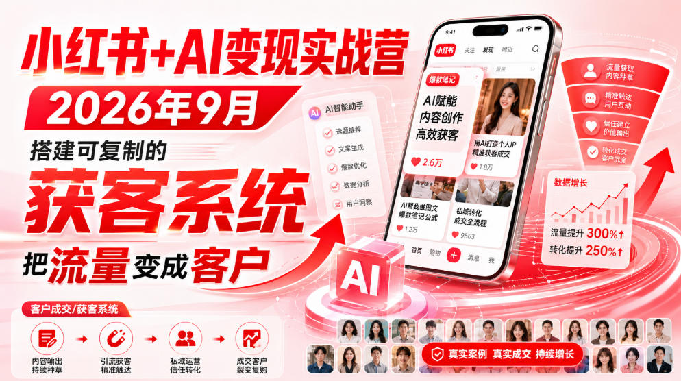 小红书+AI变现实战营2026年9月，搭建可复制的获客系统，把流量变成客户！-极客网创