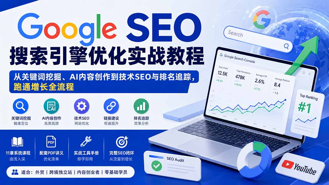 Google SEO搜索引擎优化实战教程：从关键词挖掘、AI内容创作到技术SEO与排名追踪，跑通增长全流程-极客网创