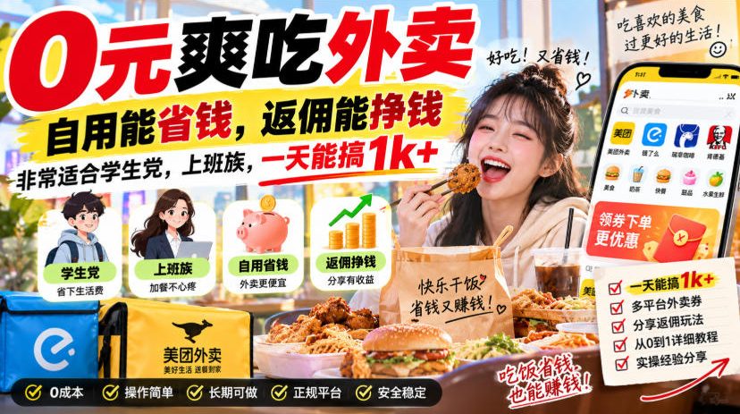 0元爽吃外卖，自用能省钱，返佣能挣钱，非常适合学生党，上班族，一天能搞1k+-极客网创