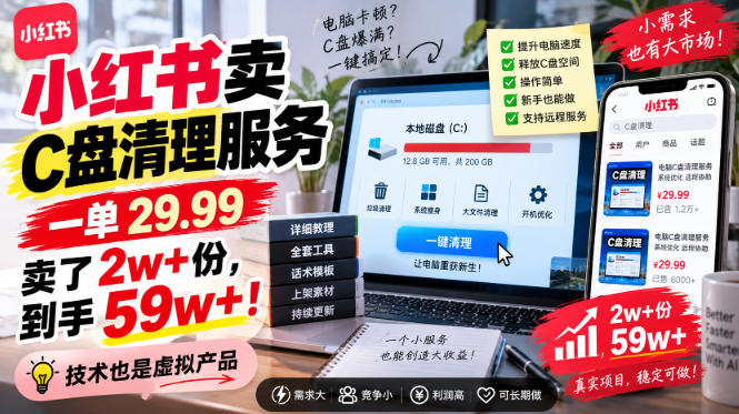 小红书卖C盘清理服务，一单29.99，卖了2w+份，技术也是虚拟产品-极客网创