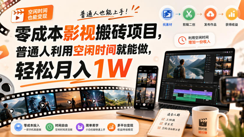 零门槛影视搬砖项目，月入万元，玩法稳定普通人可落地的长期副业！-极客网创