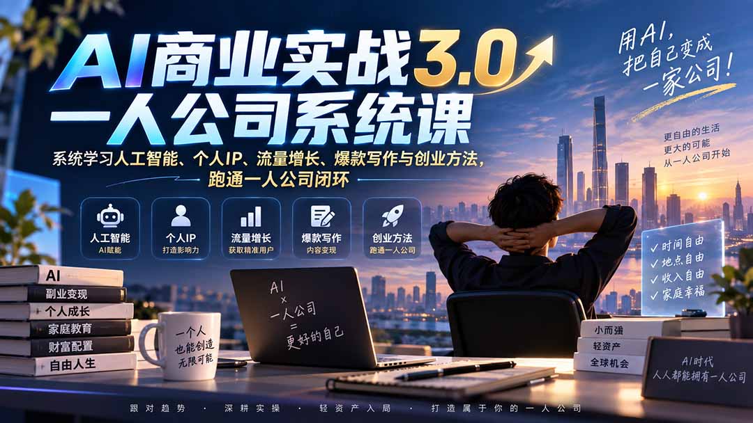 AI商业实战3.0一人公司系统课：系统学习人工智能、个人IP、流量增长、爆款写作与创业方法，跑通一人公司闭环-极客网创
