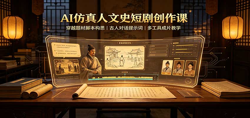 AI仿真人文史短剧创作课：穿越题材脚本构思，古人对话提示词，多工具成片教学-极客网创