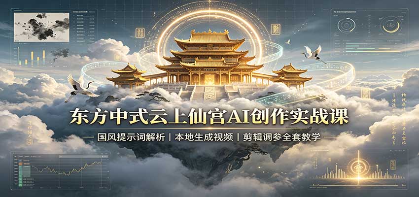 东方中式云上仙宫AI创作实战课：国风提示词解析，本地生成视频，剪辑调参全套教学-极客网创