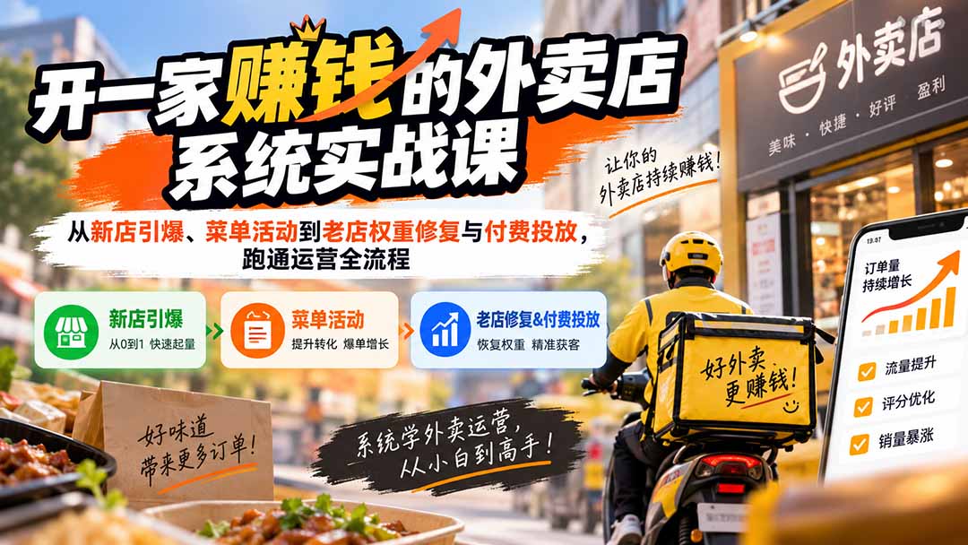 开一家赚钱的外卖店系统实战课：从新店引爆、菜单活动到老店权重修复与付费投放，跑通运营全流程-极客网创