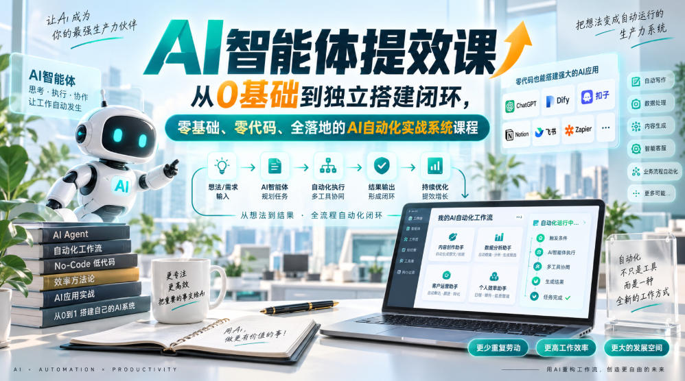 AI智能体提效课，从0基础到独立搭建闭环，零基础、零代码、全落地的AI自动化实战系统课程-极客网创