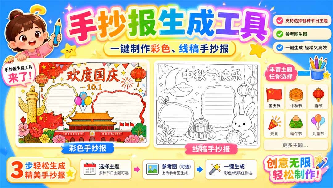 手抄报批量生成工具来了，完全免费，告别豆包生图，这个高清无水印-极客网创
