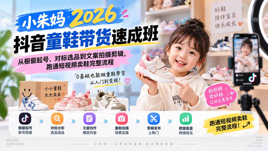 小朱妈2026抖音童鞋带货速成班：从橱窗起号、对标选品到文案拍摄剪辑，跑通短视频卖鞋完整流程-极客网创