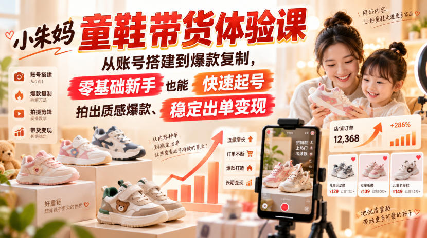 小朱妈童鞋带货体验课，从账号搭建到爆款复制，零基础新手也能快速起号、拍出质感爆款、稳定出单变现-极客网创
