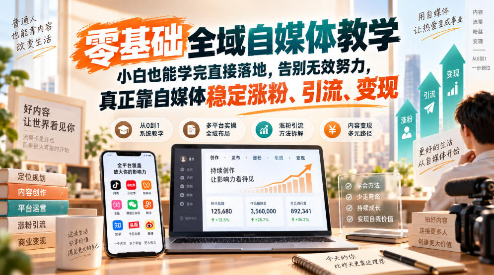 零基础全域自媒体教学，小白也能学完直接落地，告别无效努力，真正靠自媒体稳定涨粉、引流、变现-极客网创