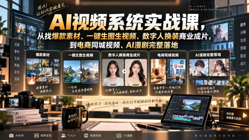 AI视频系统实战课，从找爆款素材、一键生图生视频、数字人换装商业成片，到电商同城视频、AI漫剧完整落地-极客网创