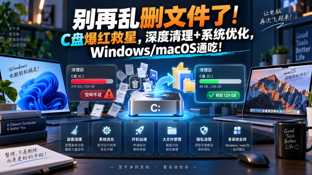 别再乱删文件了！C盘爆红救星，深度清理+系统优化，Windows/macOS通吃！-极客网创