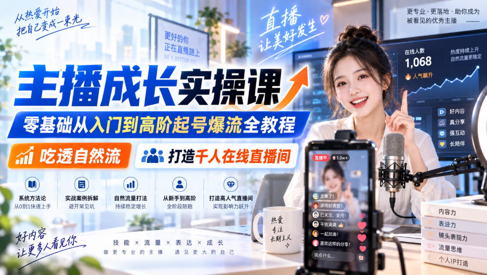 主播成长实操课｜零基础从入门到高阶起号爆流全教程，吃透自然流，打造千人在线直播间-极客网创