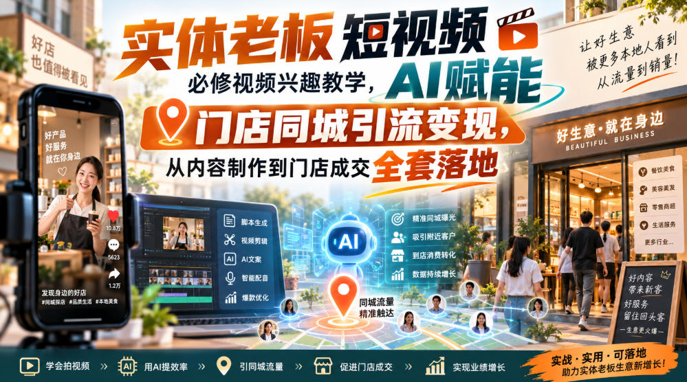 实体老板短视频必修视频兴趣教学，AI赋能门店同城引流变现，AI+短视频+直播打爆实体客流量-极客网创