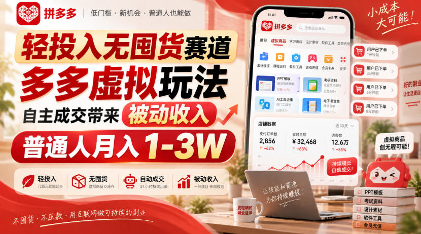 轻投入无囤货赛道，多多虚拟玩法自主成交带来被动收入，普通人月入1-3W-极客网创