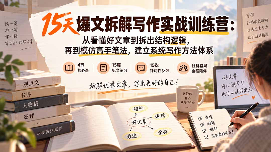 15天爆文拆解写作实战训练营：从看懂好文章到拆出结构逻辑，再到模仿高手笔法，建立系统写作方法体系-极客网创