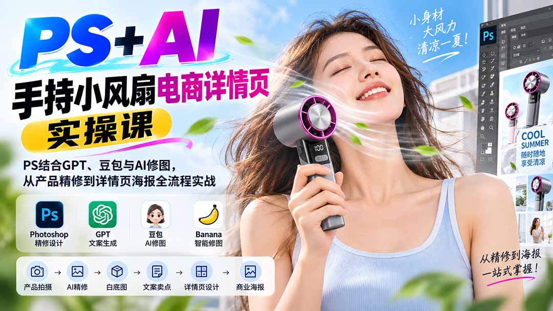 PS+AI手持小风扇电商详情页实操课:PS结合GPT、豆包与AI修图,从产品精修到详情页海报全流程实战-极客网创
