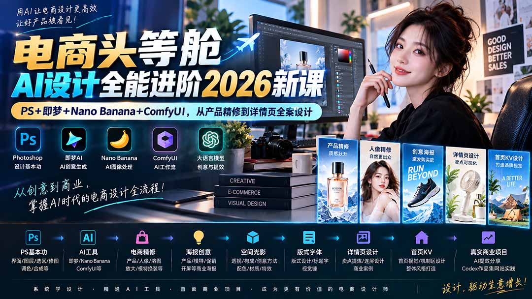 电商头等舱AI设计全能进阶2026新课：PS+即梦+Nano Banana+ComfyUI，从产品精修到详情页全案设计-极客网创