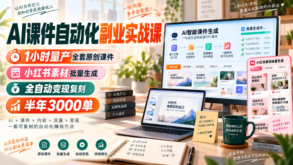 AI课件自动化副业实战课，1小时量产全套原创课件，小红书素材批量生成，全自动变现复刻，半年3000单-极客网创
