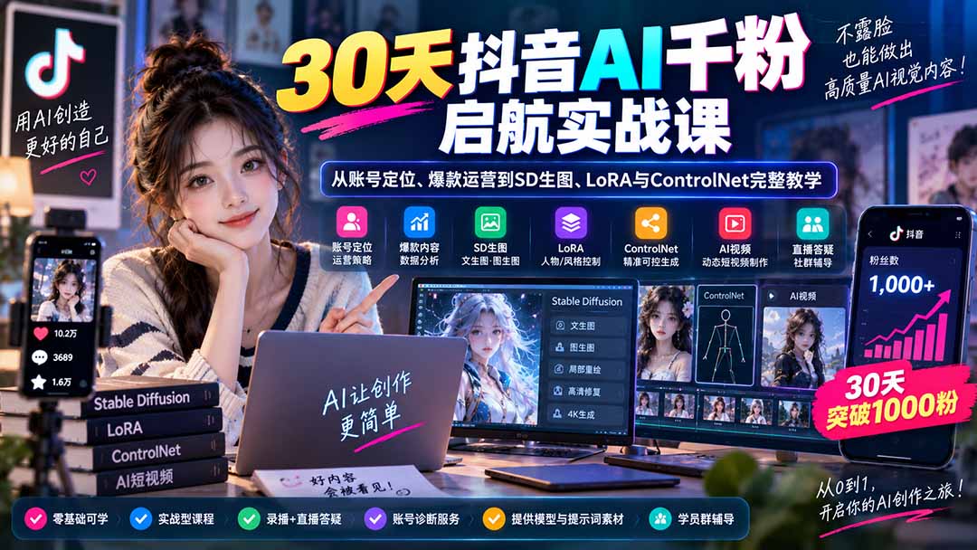 30天抖音AI千粉启航实战课：从账号定位、爆款运营到SD生图、LoRA与ControlNet完整教学-极客网创