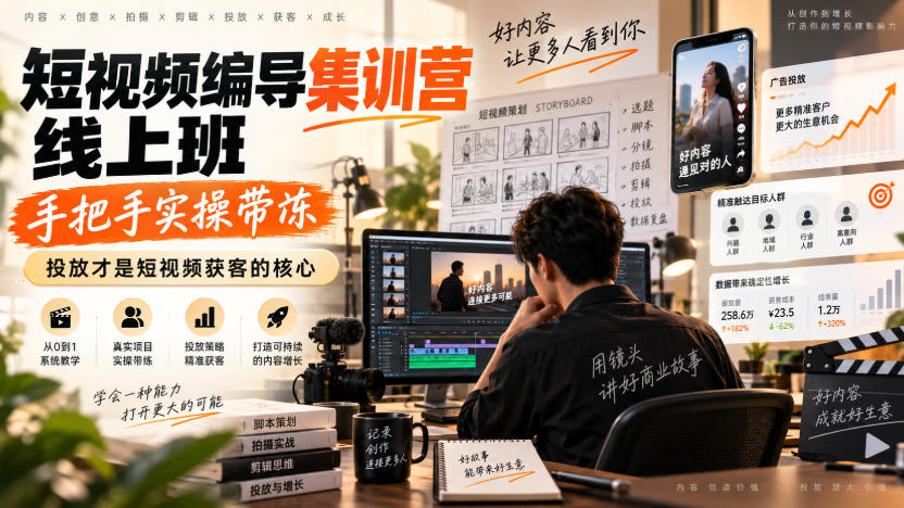 短视频编导集训营线上班,手把手实操带冻,投放才是短视频获客的核心-极客网创