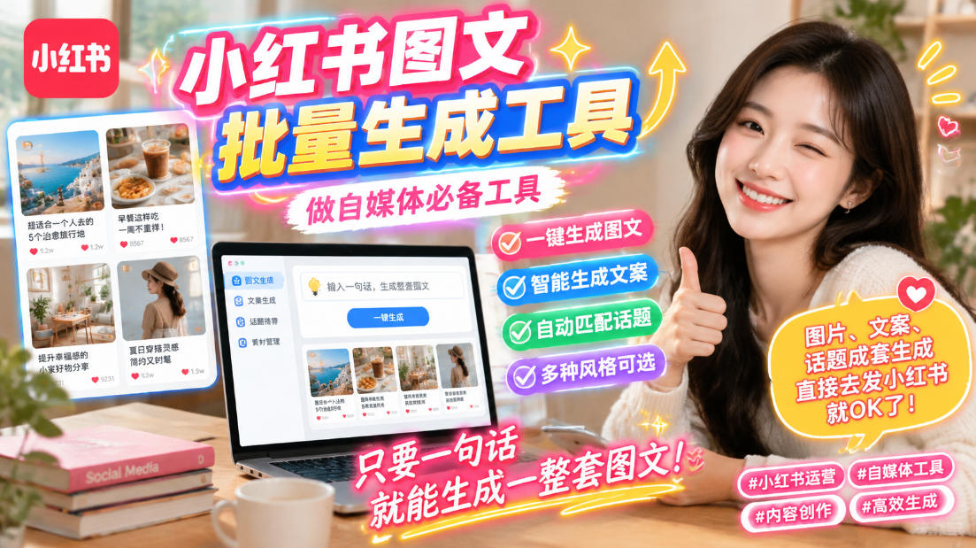 小红书图文批量生成工具，话题、文案、配图一键生成，直接发布，做自媒体必备工具-极客网创
