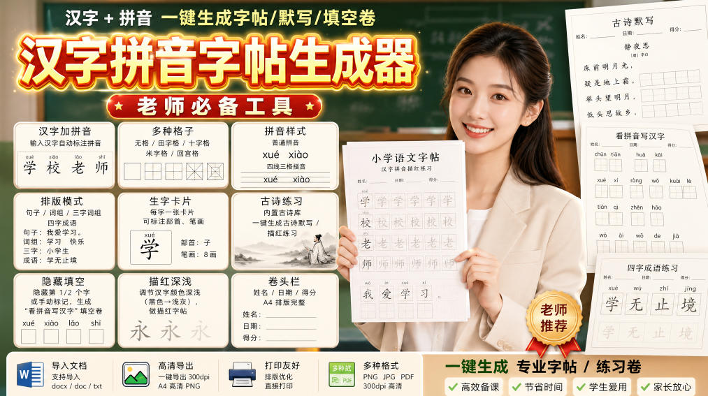 学习神器，汉字拼音字帖生成器，汉字+拼音 一键生成字帖/默写/填空卷，支持词组、成语，老师、家长必备-极客网创