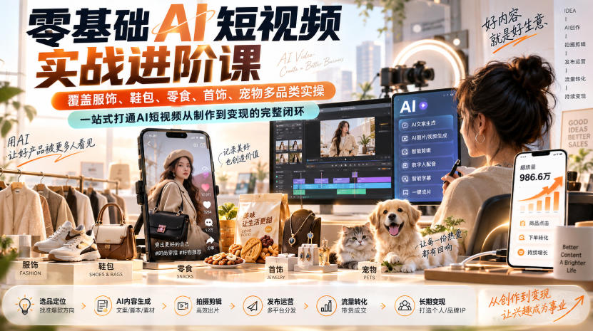 零基础AI短视频实战进阶课，覆盖服饰、鞋包、零食、首饰、宠物多品类实操，一站式打通AI短视频从制作到变现的完整闭环-极客网创
