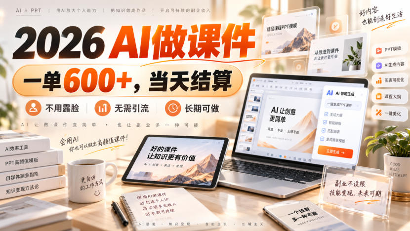 2026 AI做课件,一单600+,当天结算,不用露脸,无需引流,长期可做【揭秘】-极客网创