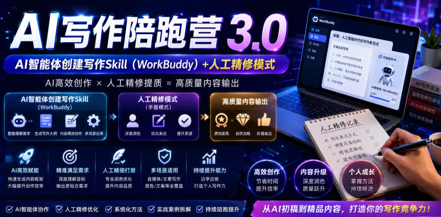 AI写作陪跑营3.0，Ai智能体创建写作skill(workbuddy)+人工手写模式(手搓模式)，去除AI痕迹(头条号、公众号、百家号)(更新0907)-极客网创