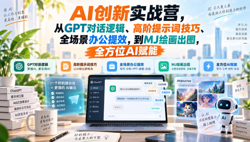 AI创新实战营，从GPT对话逻辑、高阶提示词技巧、全场景办公提效，到MJ绘画出图，全方位AI赋能-极客网创