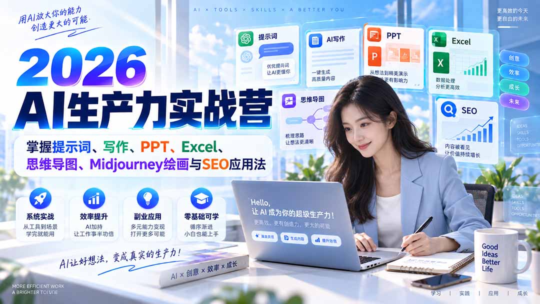 2026AI生产力实战营：掌握提示词、写作、PPT、Excel、思维导图、Midjourney绘画与SEO应用法-极客网创