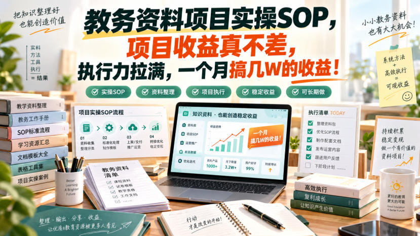 教务资料项目实操SOP，项目收益真不差，执行力拉满，一个月搞几W的收益-极客网创