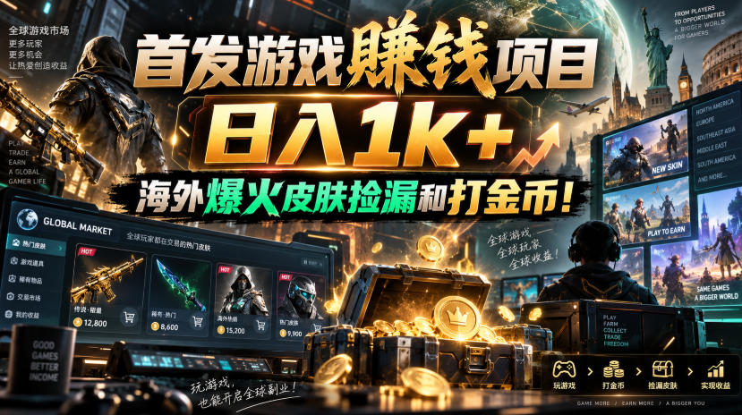 首发游戏賺钱项目，日入1k+，海外爆火皮肤捡漏和打金币！【揭秘】-极客网创